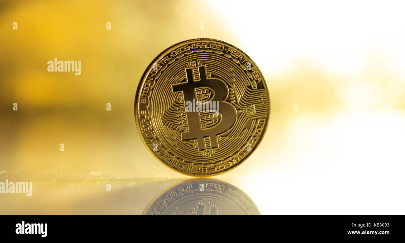 Cryptocurrency Konzept. Single golden Bitcoin und Reflexion Stockfoto
