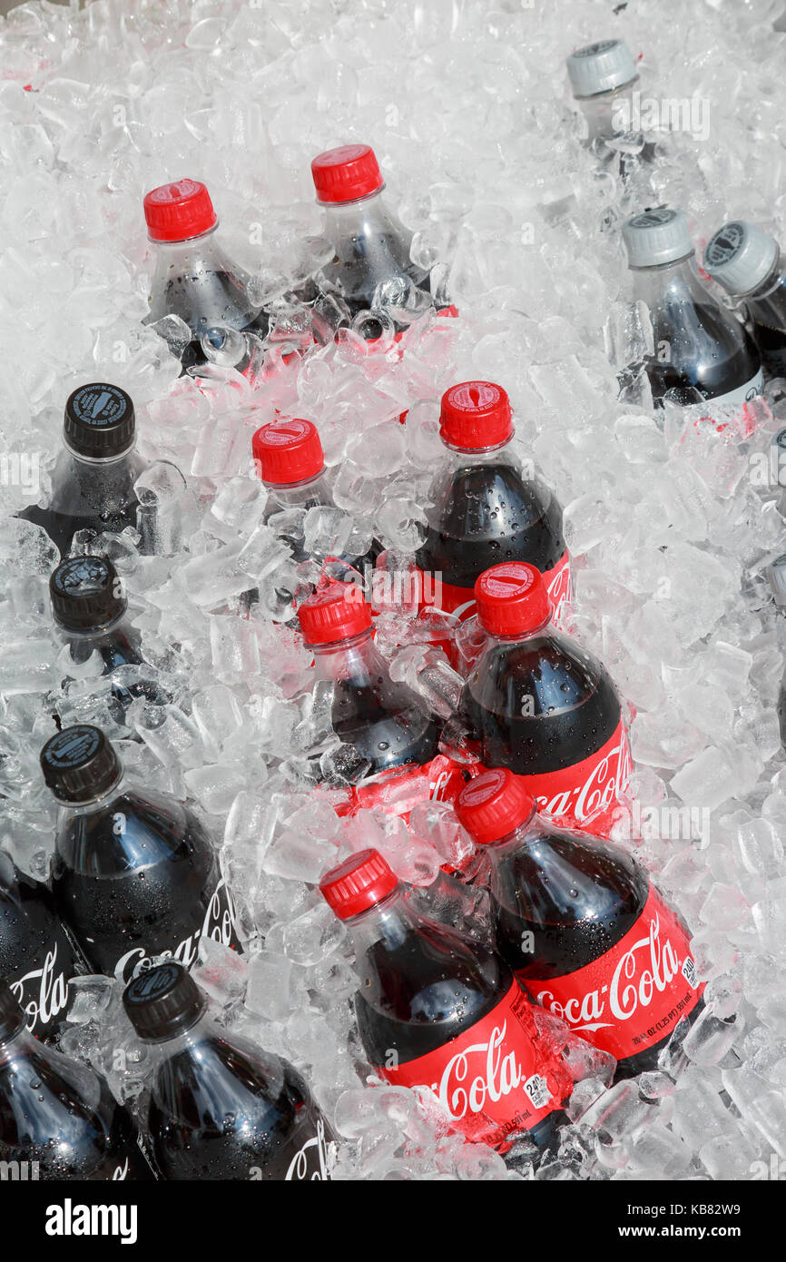 Flaschen Coca Cola kühl in Eis gehalten werden. Stockfoto
