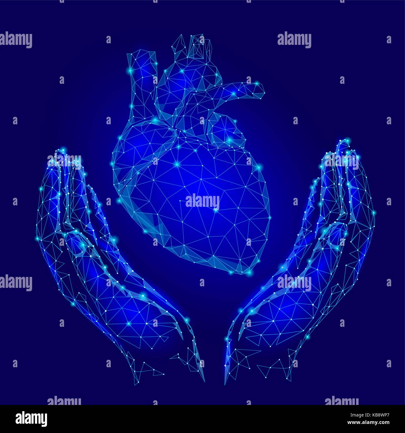 Hände, die Unterstützung der menschlichen Herzen. Medizin Kardiologie Gesundheit Hilfe Mann Konzept. Low Poly verbunden dots Dreieck Zukunft Technik Design Hintergrund Vector Illustration Stock Vektor