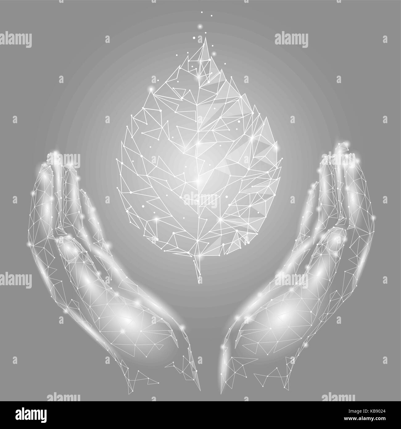 Hände halten grau weiß Blatt. Eco Umwelt speichern Schutzkonzept. Low Poly verbunden dots Dreieck Zukunft Technik Design Hintergrund Vector Illustration Stock Vektor