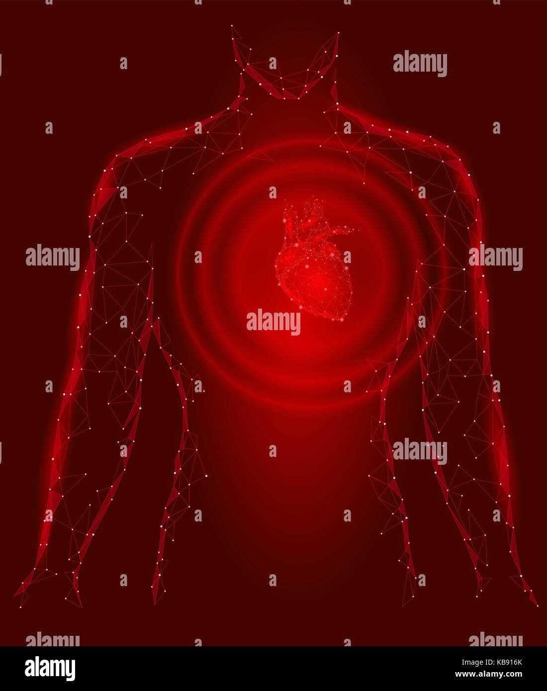 Mann silhouette gesundes Herz schlägt 3d Medizin Modell Low Poly. Dreieck verbunden Punkte leuchten Punkt roten Hintergrund. Wave Impuls von internen Körper Vector Illustration Stock Vektor