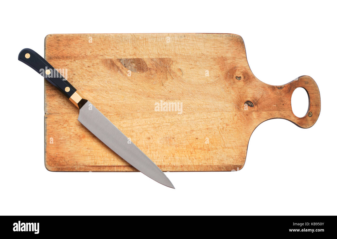 Küche Messer liegen auf Holz- Hartfaserplatte. auf Weiß mit Freistellungspfad isoliert Stockfoto