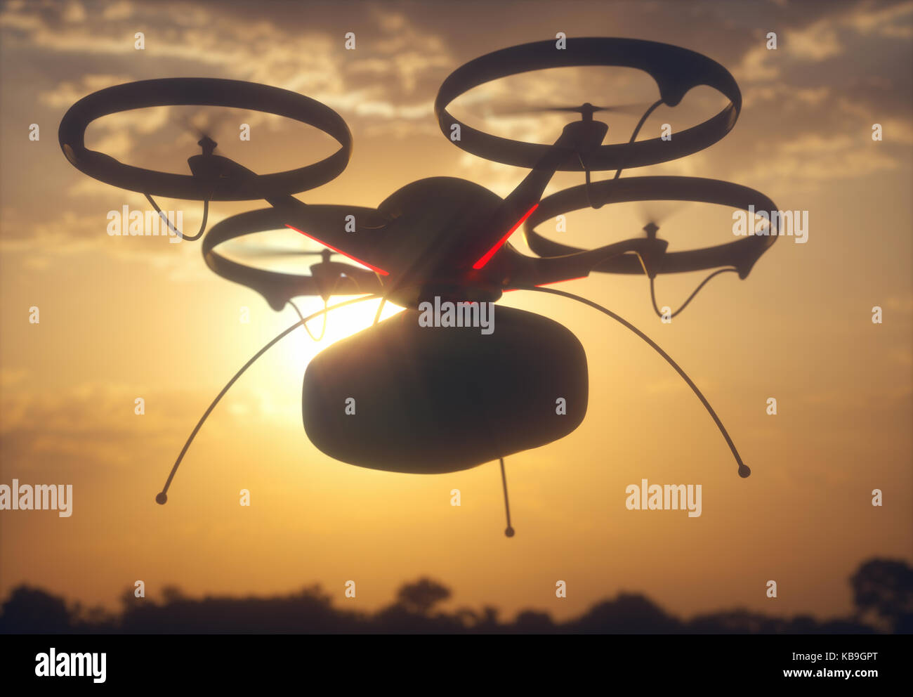 3D-Darstellung. Konzeptionelle Bild von Paket Lieferung durch Drone. Unmanned Aerial Vehicle (UAV) verwendet Pakete zu transportieren. Stockfoto