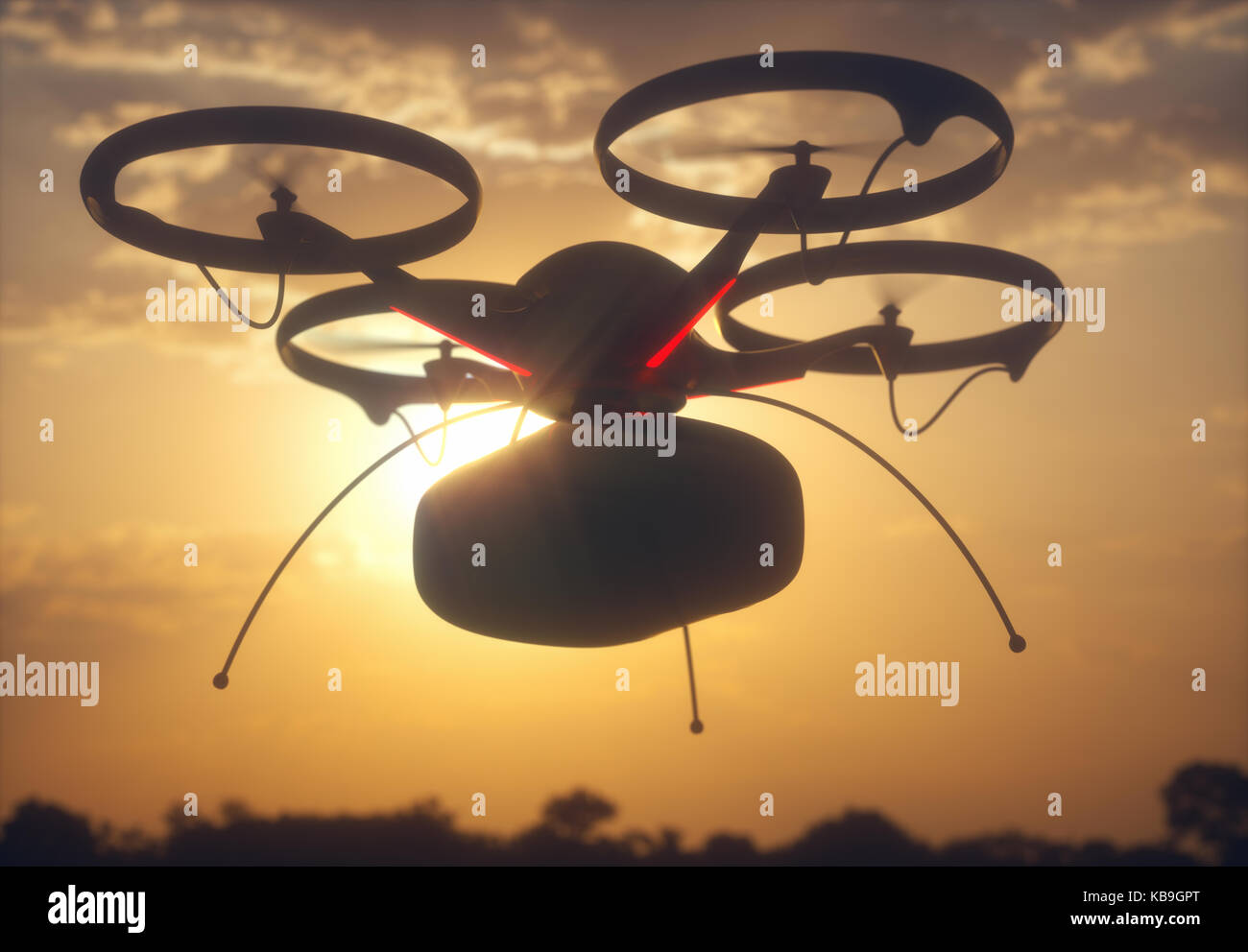3D-Illustration. Konzeptionelle Bild von Paket Lieferung durch Drone. Unmanned Aerial Vehicle (UAV) verwendet Pakete zu transportieren. Stockfoto