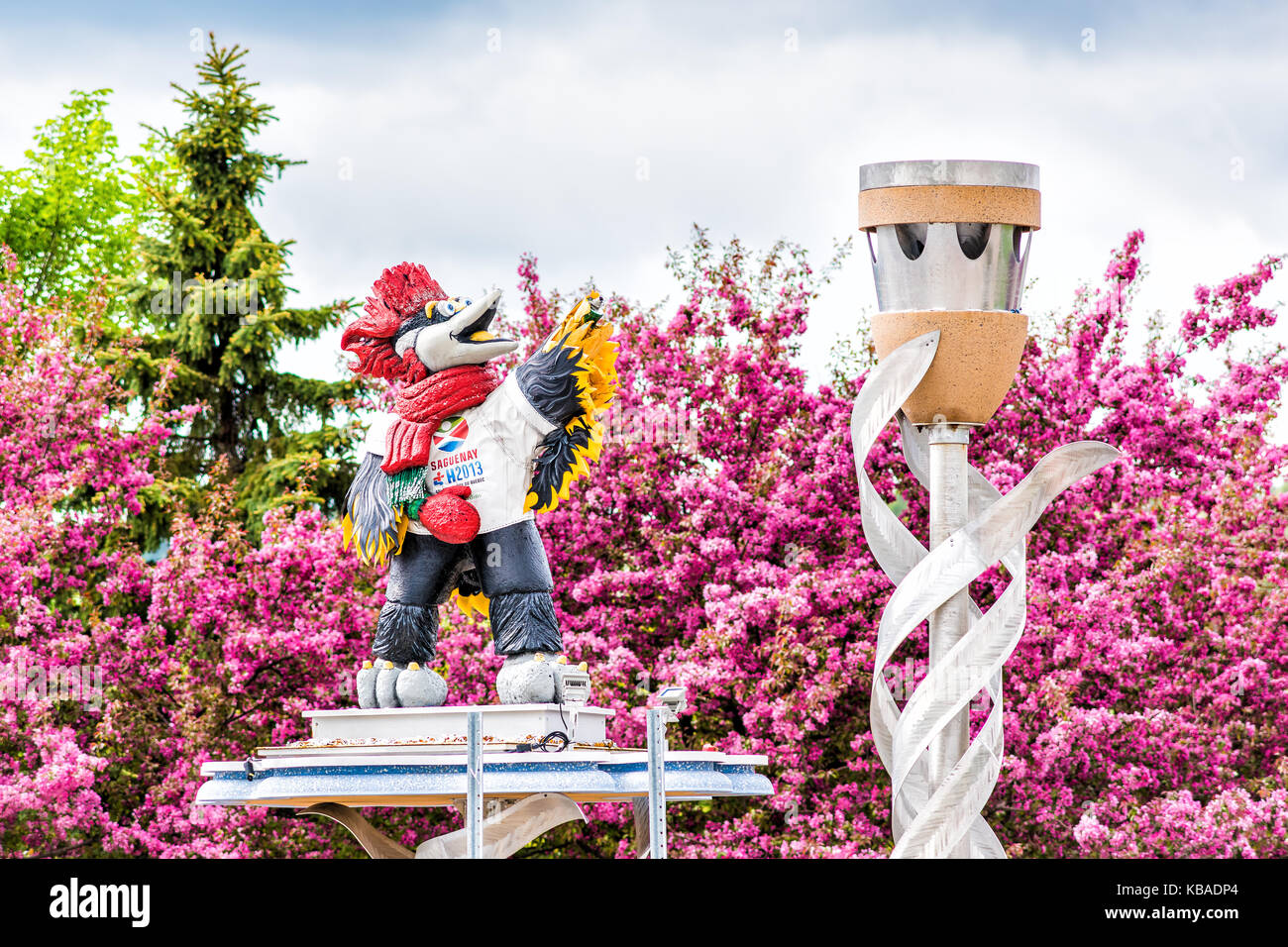 Saguenay, Kanada - Juni 3, 2017: Huhn Hahn Maskottchen statue Skulptur mit 2013 Zeichen und crabapple Cherry Blossom Bäume im Hintergrund Stockfoto