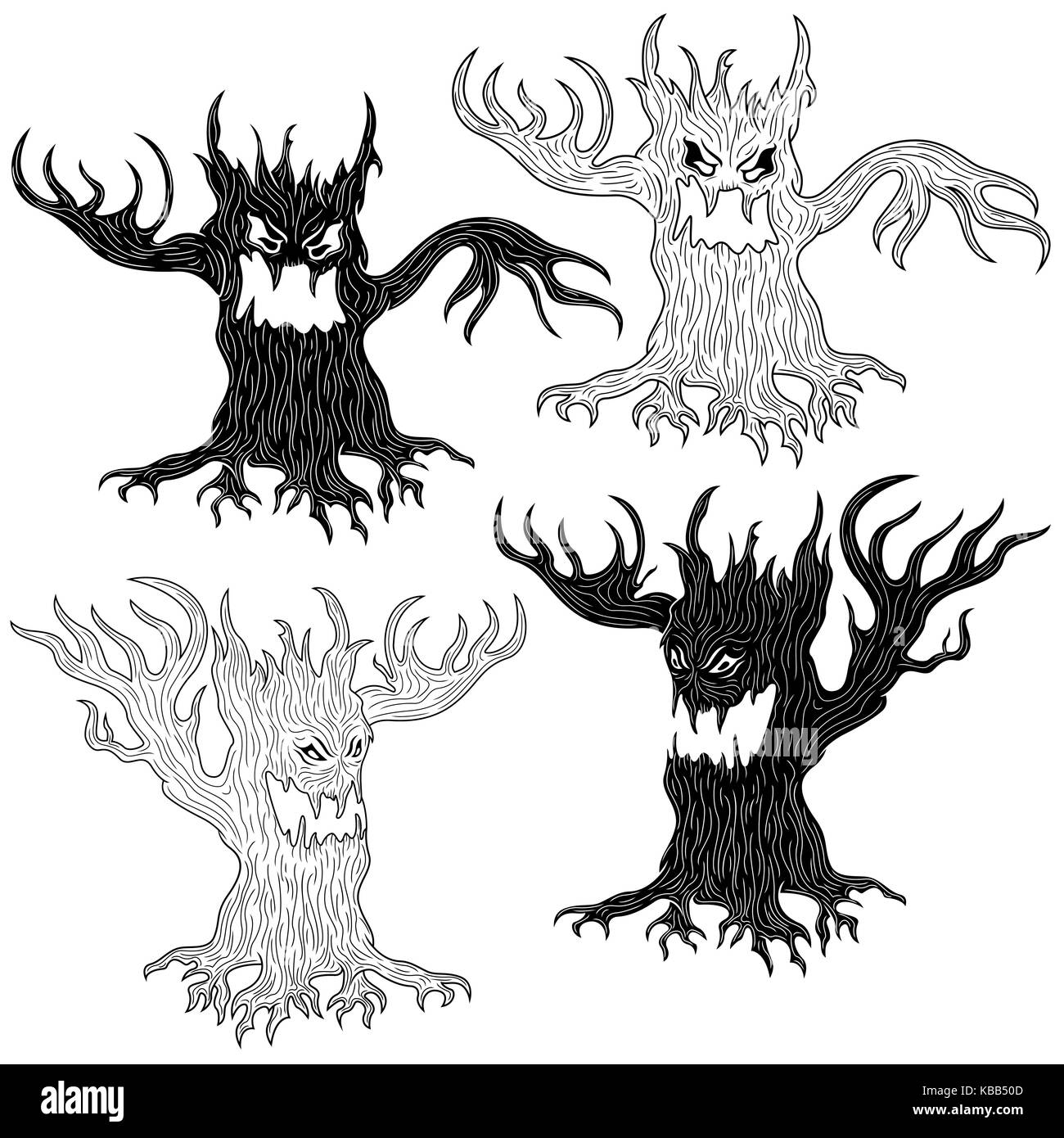 Halloween cartoon Satz von zwei Paare von aggressiven böse Bäume in Schablone und Umrisse vector Designs Stock Vektor