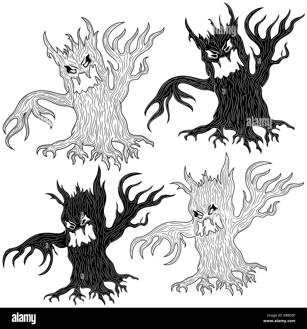Vier Halloween cartoon aggressive Twisted evil Bäume in Schablone und Umrisse vector Designs Stock Vektor