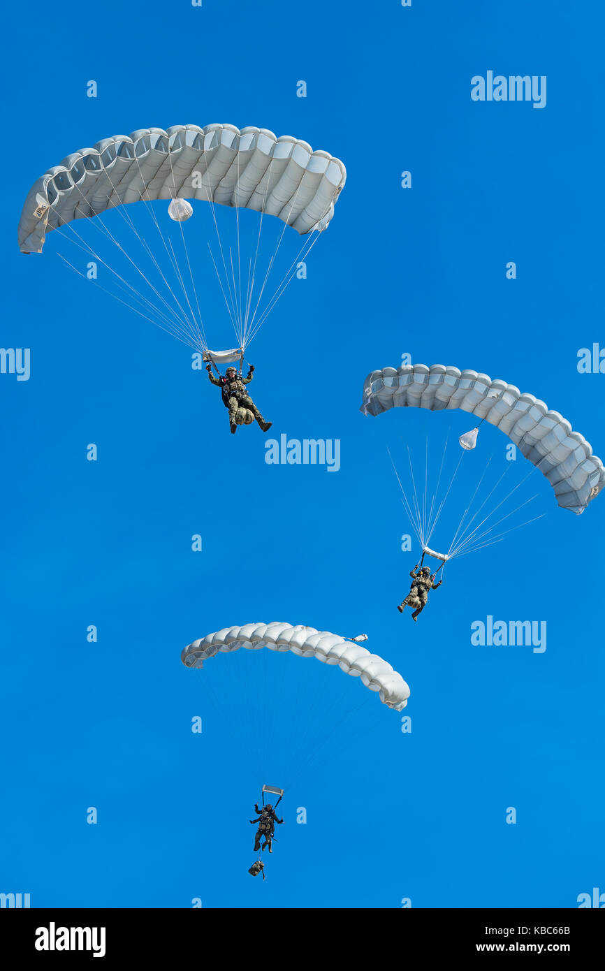 Airshow Festa Al cel Lleida, Barcelona - Spanien, Spanisch Airborne Brigade Fallschirm Stockfoto