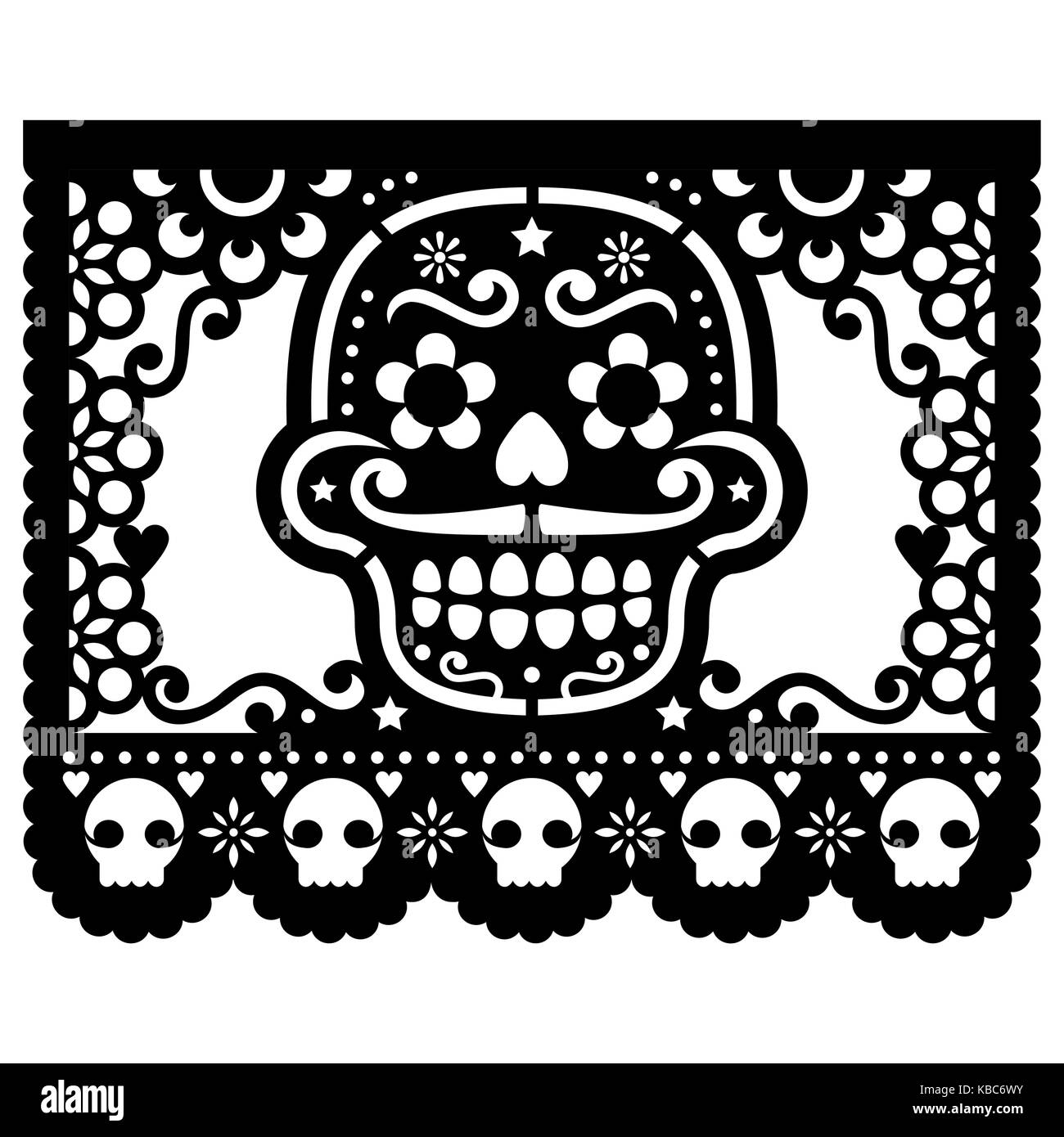 Mexikanische Sugar Skull Vektor papierdeko - Papel Picado Design in Schwarz für Halloween, Dia de Los Muertos, Tag der Toten Stock Vektor