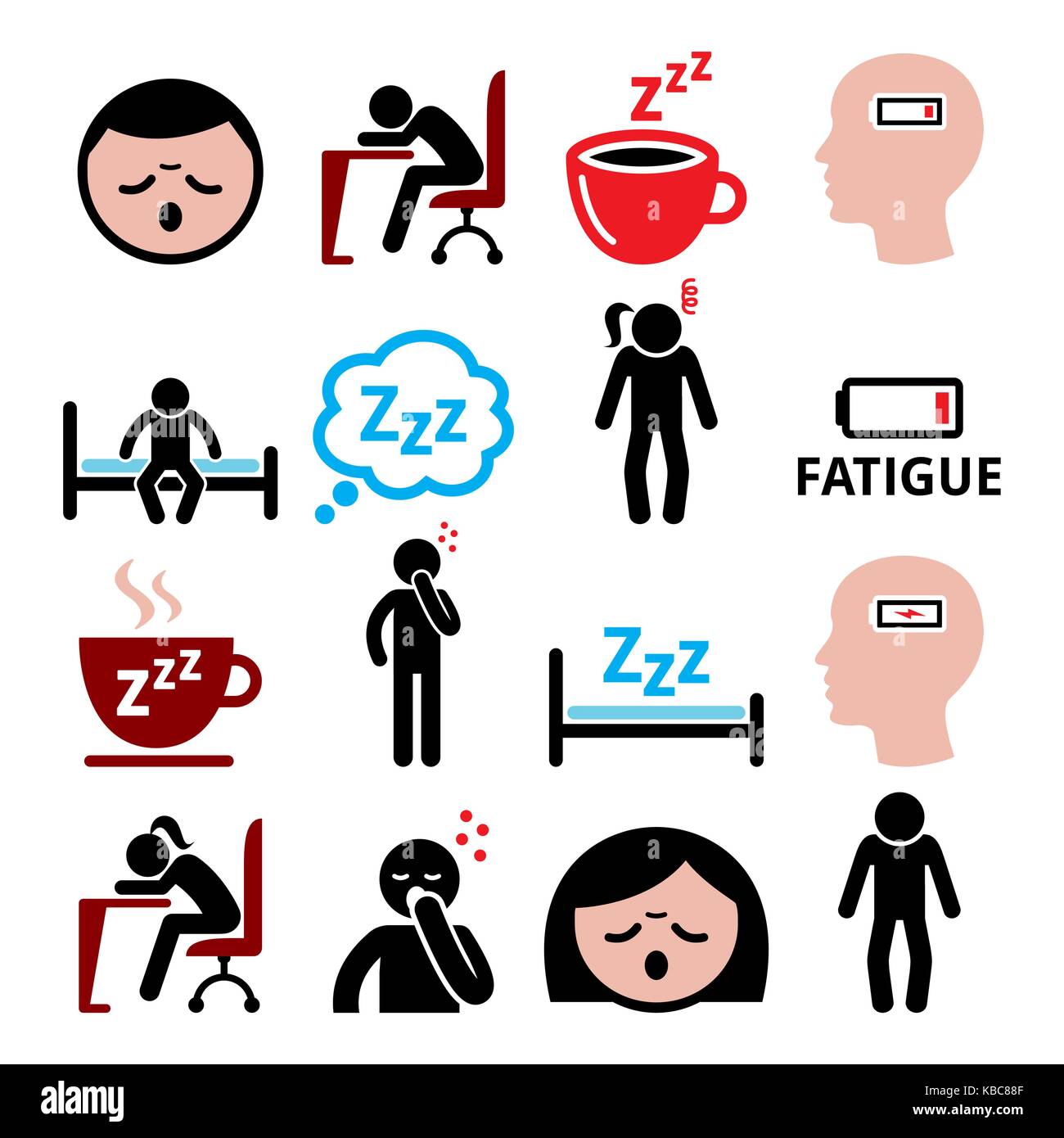 Müdigkeit Vector Icons Set, müde oder schläfrig sressed Mann und Frau design Stock Vektor