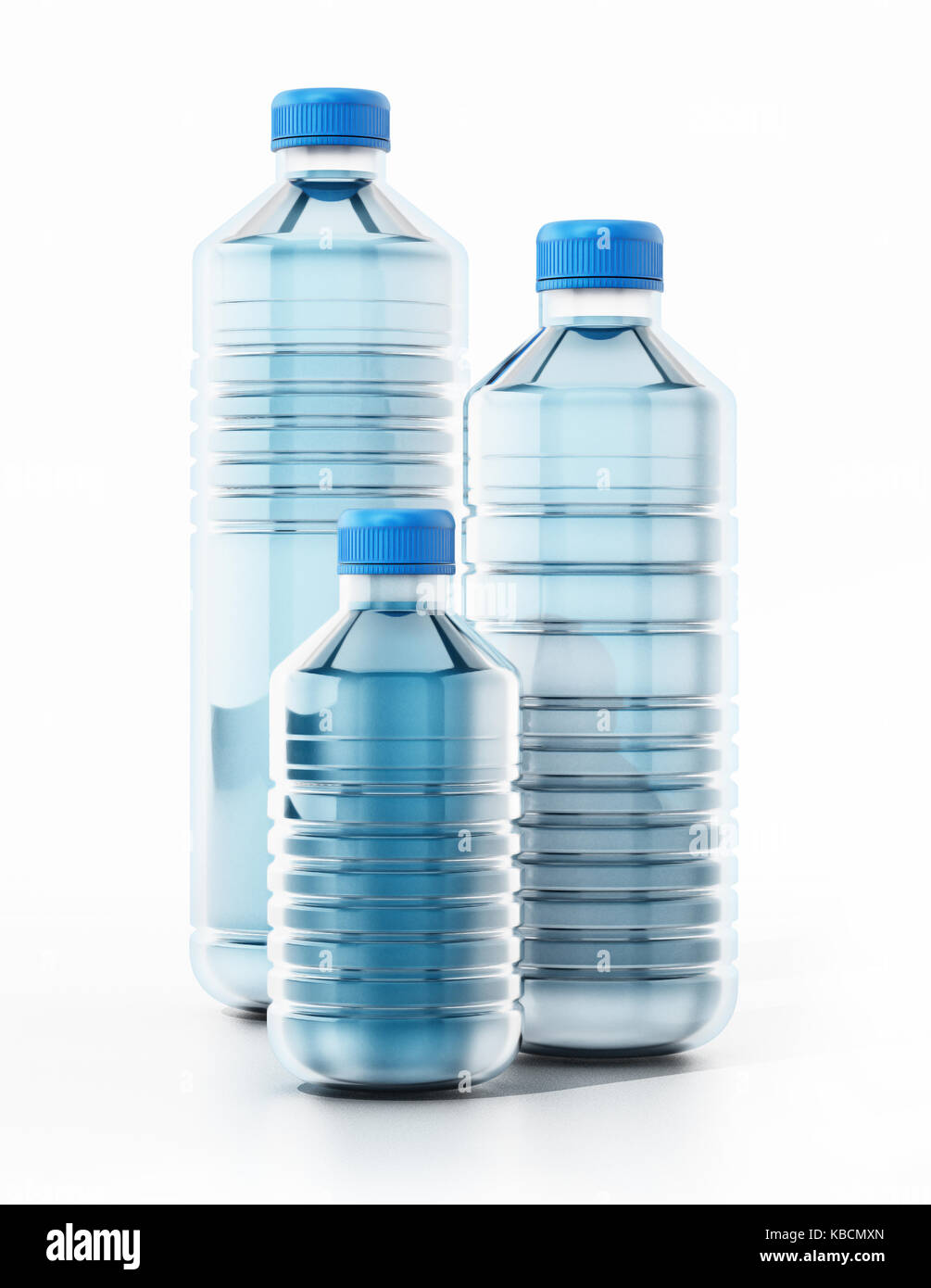 Kunststoff blau Flaschen voller Wasser. 3D-Darstellung. Stockfoto
