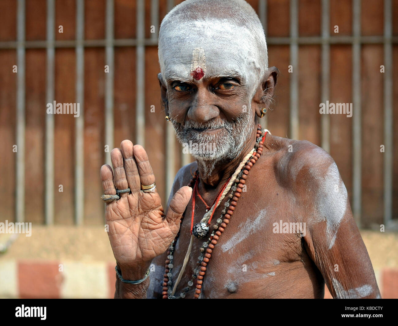 Barechested, sehr alten Shaivite Brahmane mit weißen und roten tilaka Vibhuti Zeichen auf der Stirn und hob seine rechte Hand, um ein Segen zu geben Stockfoto