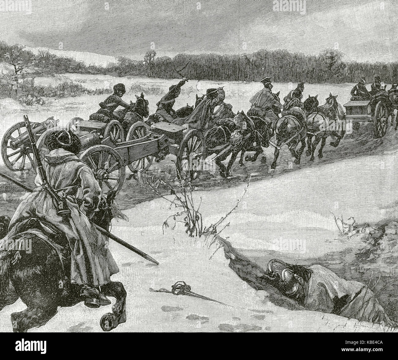 Napoleonische Kriege (1803-1815). Rückzug der napoleonischen Armeen der russischen Front im Winter 1813. Gravur. Stockfoto