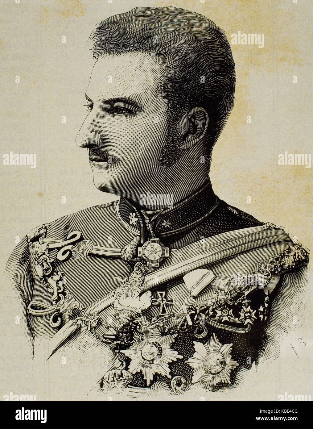 Ferdinand I. von Bulgarien (1861-1948). Zar von Bulgarien. Porträt. Gravur. Stockfoto