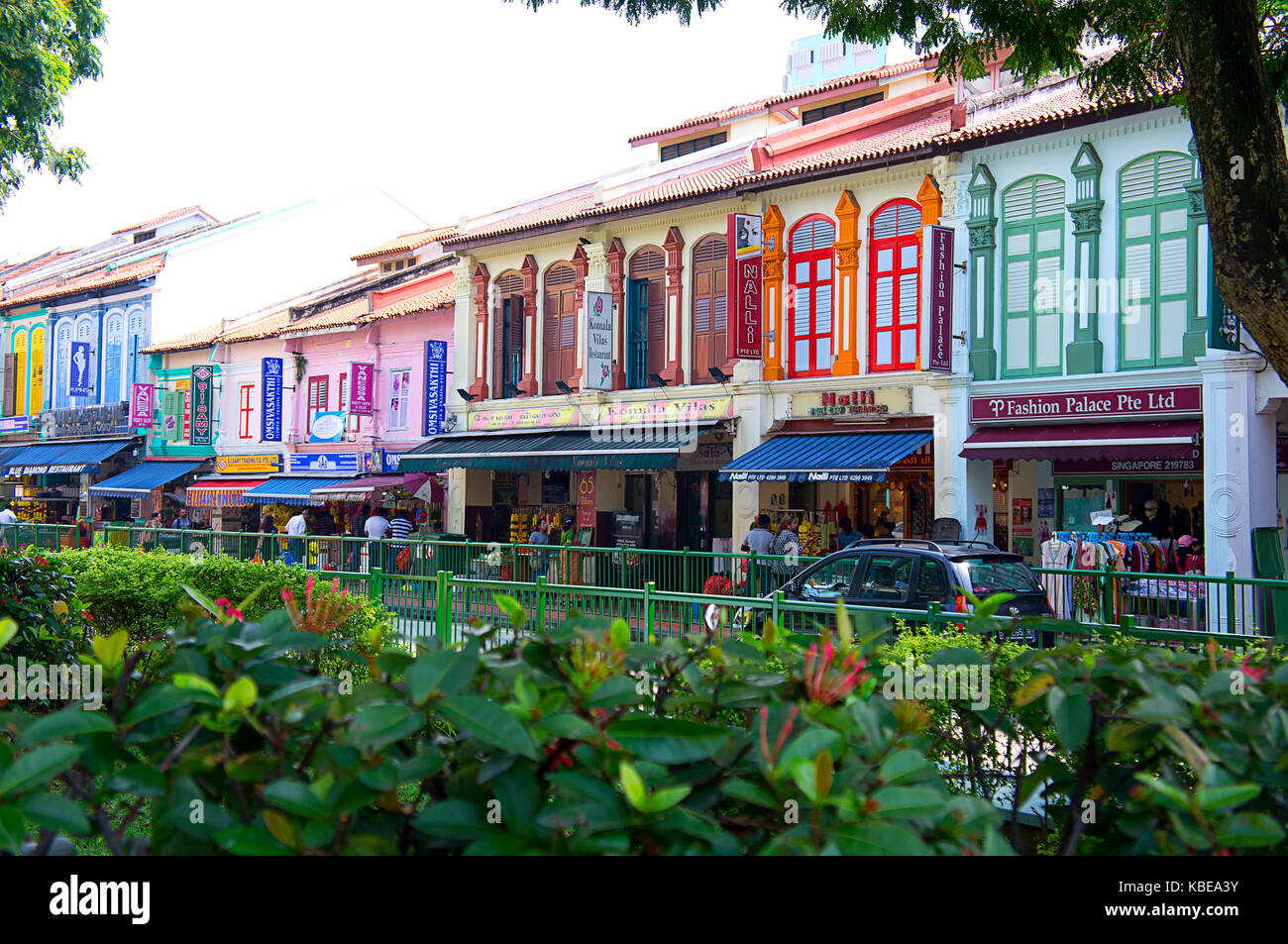 Bunte Erbe Gebäude Fassaden in Little India, Zentrum der Stadt großen indischen Gemeinschaft und einer der lebendigsten Bezirke. Singapur Stockfoto