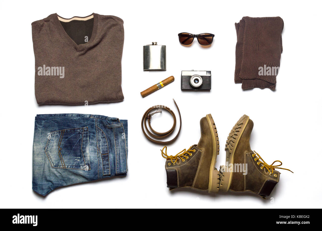 Männliche Mode Accessoires flach auf Weiß isoliert Stockfoto