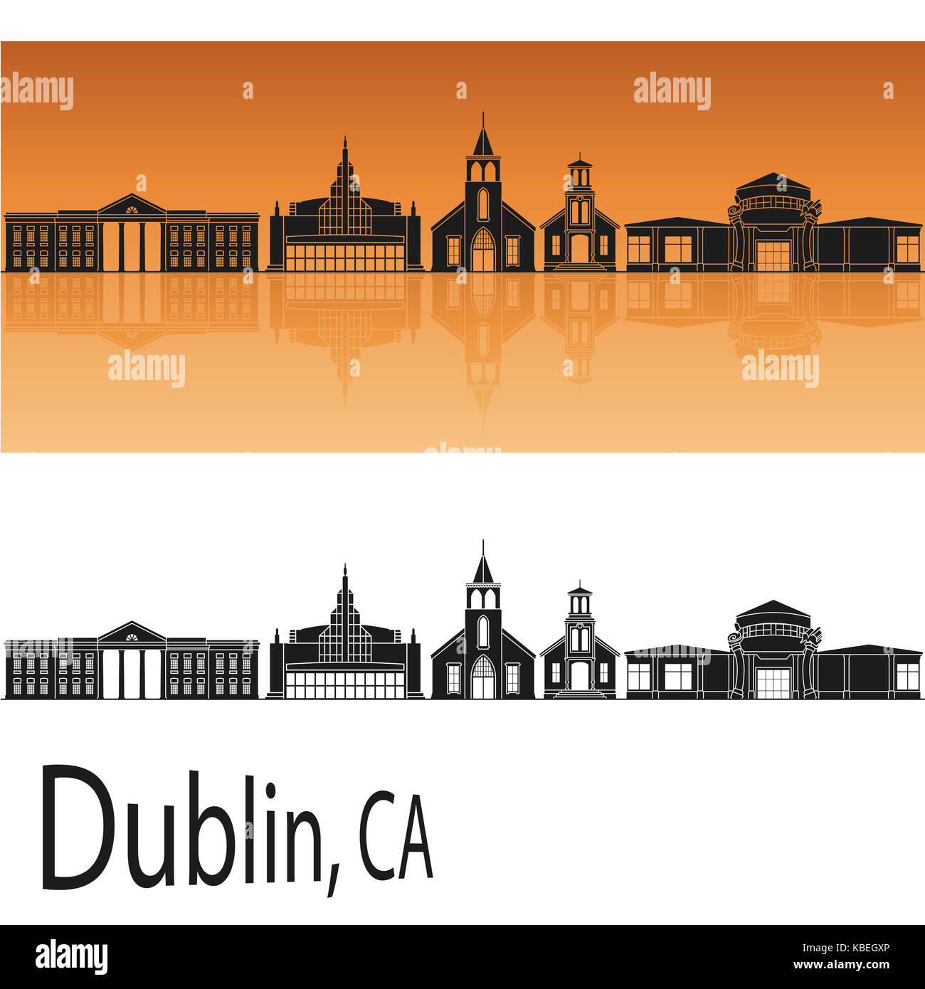 Dublin, CA Skyline in orange Hintergrund in bearbeitbaren Vektordatei Stockfoto