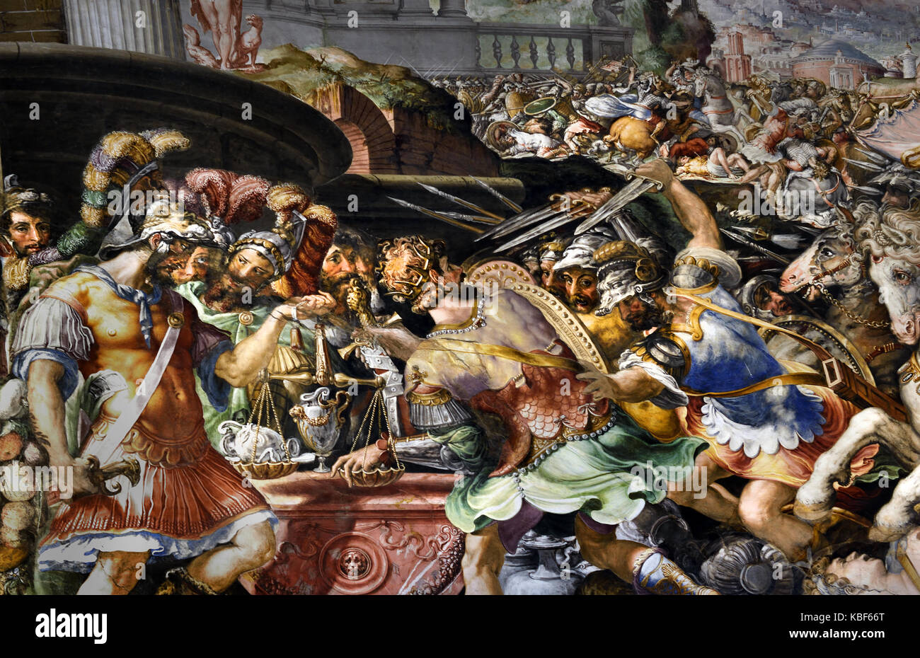 Das Audienzzimmer oder Halle der Gerechtigkeit (Sala dell'Udienz), das verwendet wird, um die Sitzungen der sechs Priori (Gilde Meister der Künste). Es enthält die ältesten Dekorationen im Palast. (Die große Fresken an den Wänden, einer dekorativen Wert, Geschichten von Furius Camillus, von Francesco Salviati, waren in der Mitte des 16. Jahrhunderts. ) Im Palazzo Vecchio, Florenz, Italien Stockfoto