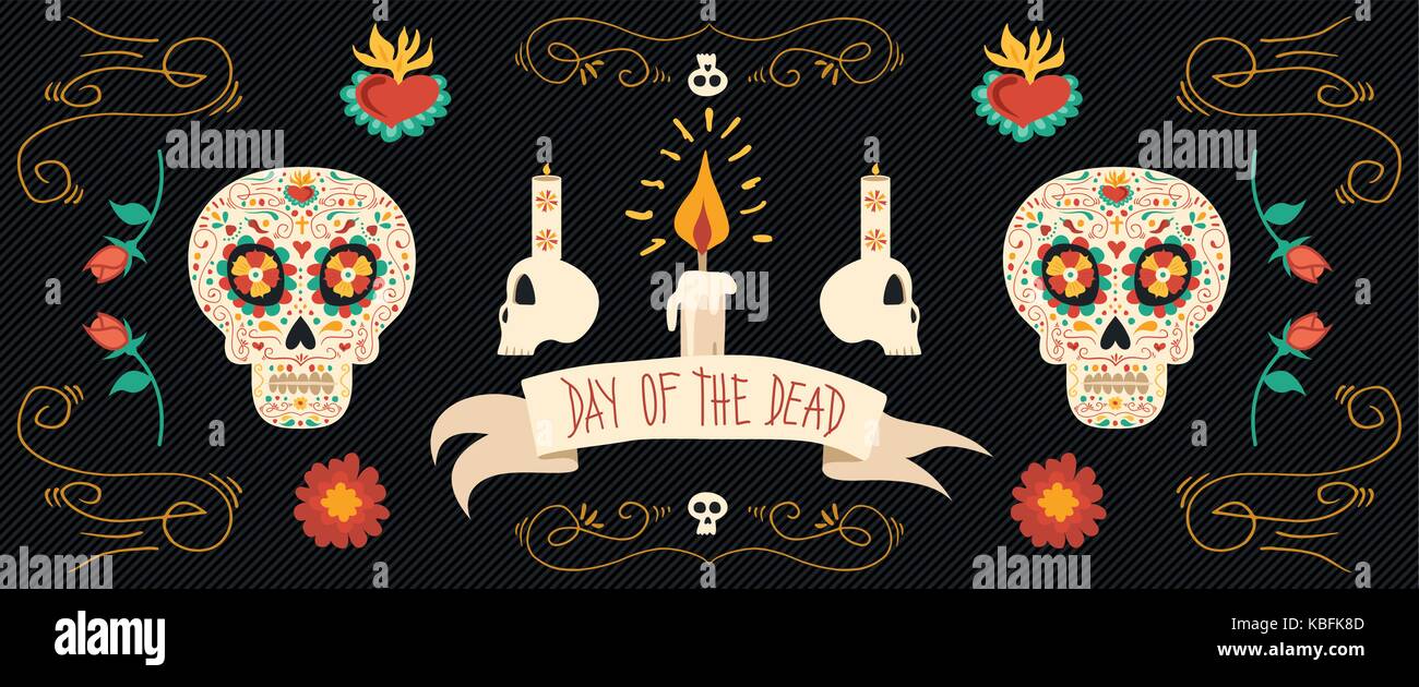Tag der Toten Sugar Skull Banner für mexikanische Feier, traditionelle Mexiko Skelett Dekoration mit Blumen und bunten Art.EPS 10 Vektor. Stock Vektor