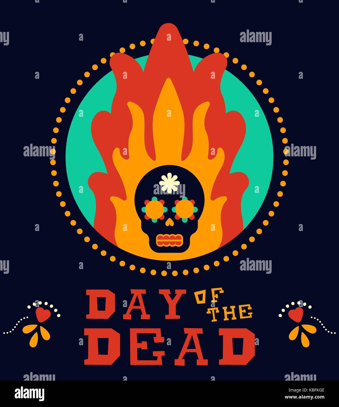 Mexikanischen Tag der Toten traditionellen Feiertag Illustration. Retro Style Sugar Skull Brennen im Feuer flammen mit Blumenschmuck. EPS 10 Vektor. Stock Vektor