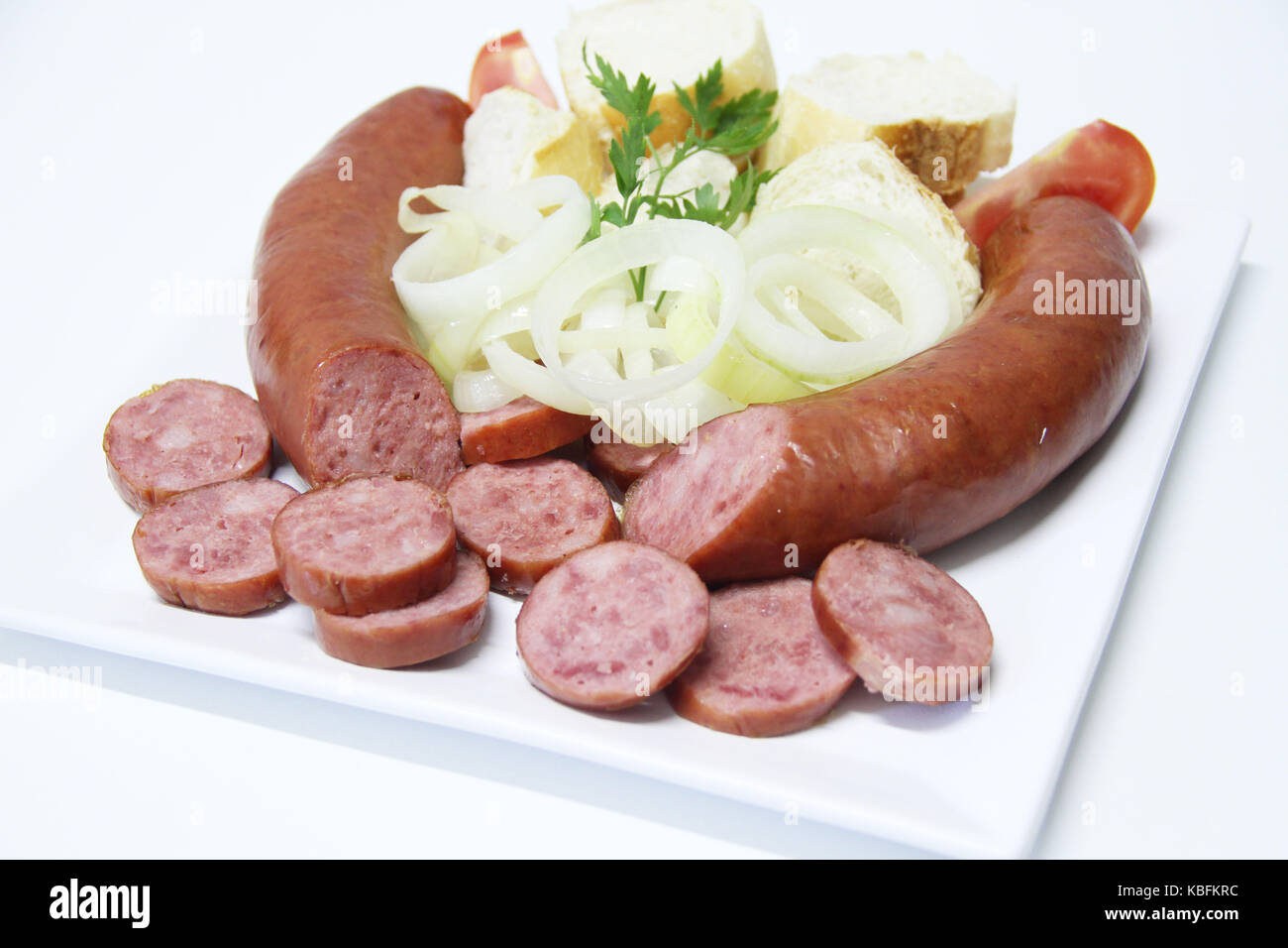 Wurst, Peperoni, Zwiebeln, São Paulo, Brasilien. Stockfoto