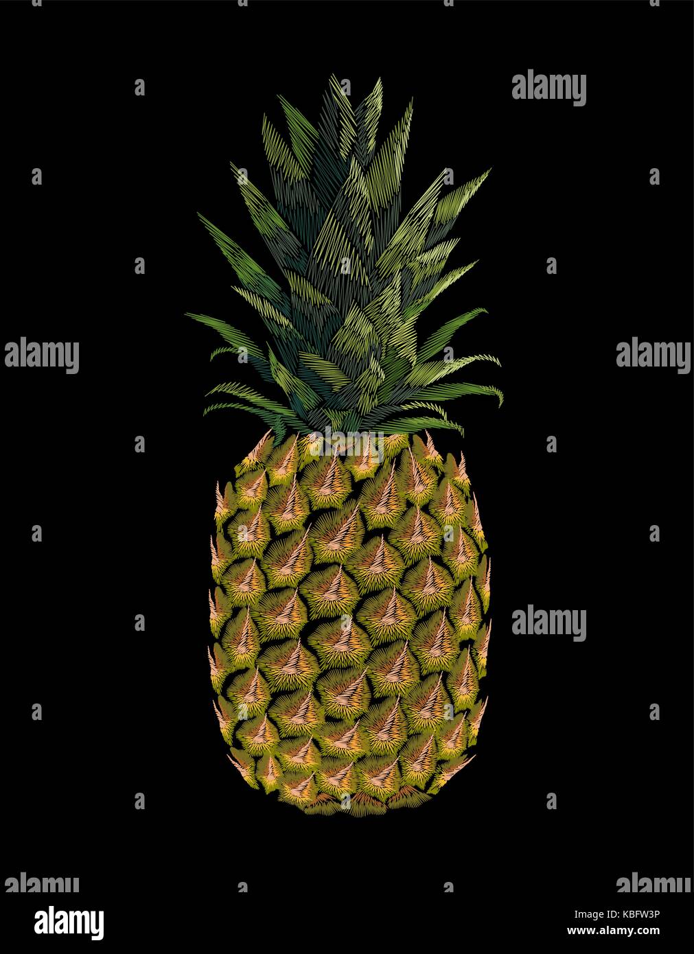 Bestickt gelb Ananas Obst. Mode drucken Stickerei Textur stitch Deko Patch. Tropic Vector Illustration auf schwarzem Hintergrund Stock Vektor