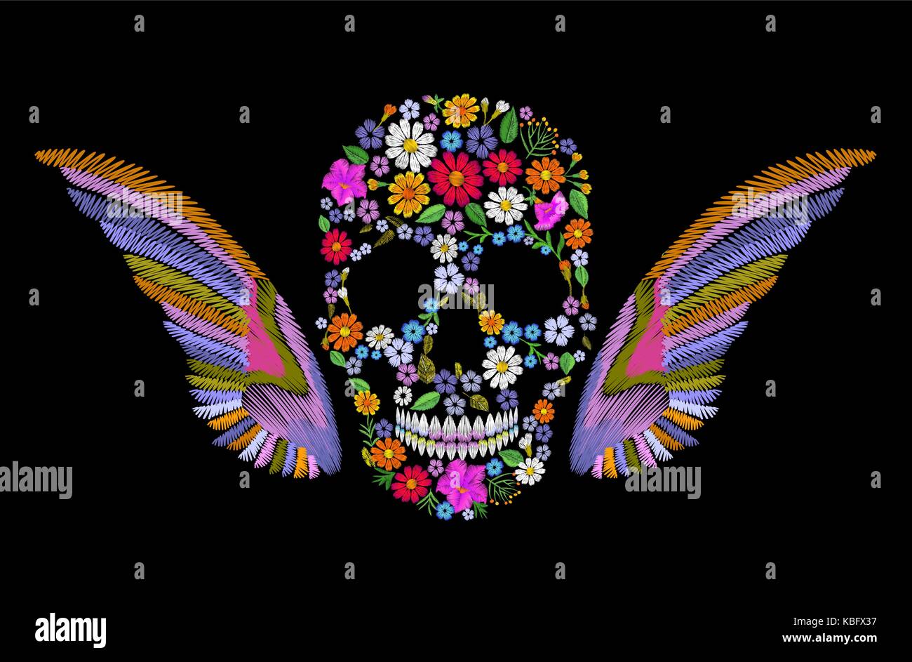 Bestickte vintage Blume Totenkopf mit Flügeln. Bunte Mode mexikanischer Dekoration stickerei Patch. Textur stitch Vector Illustration Stock Vektor