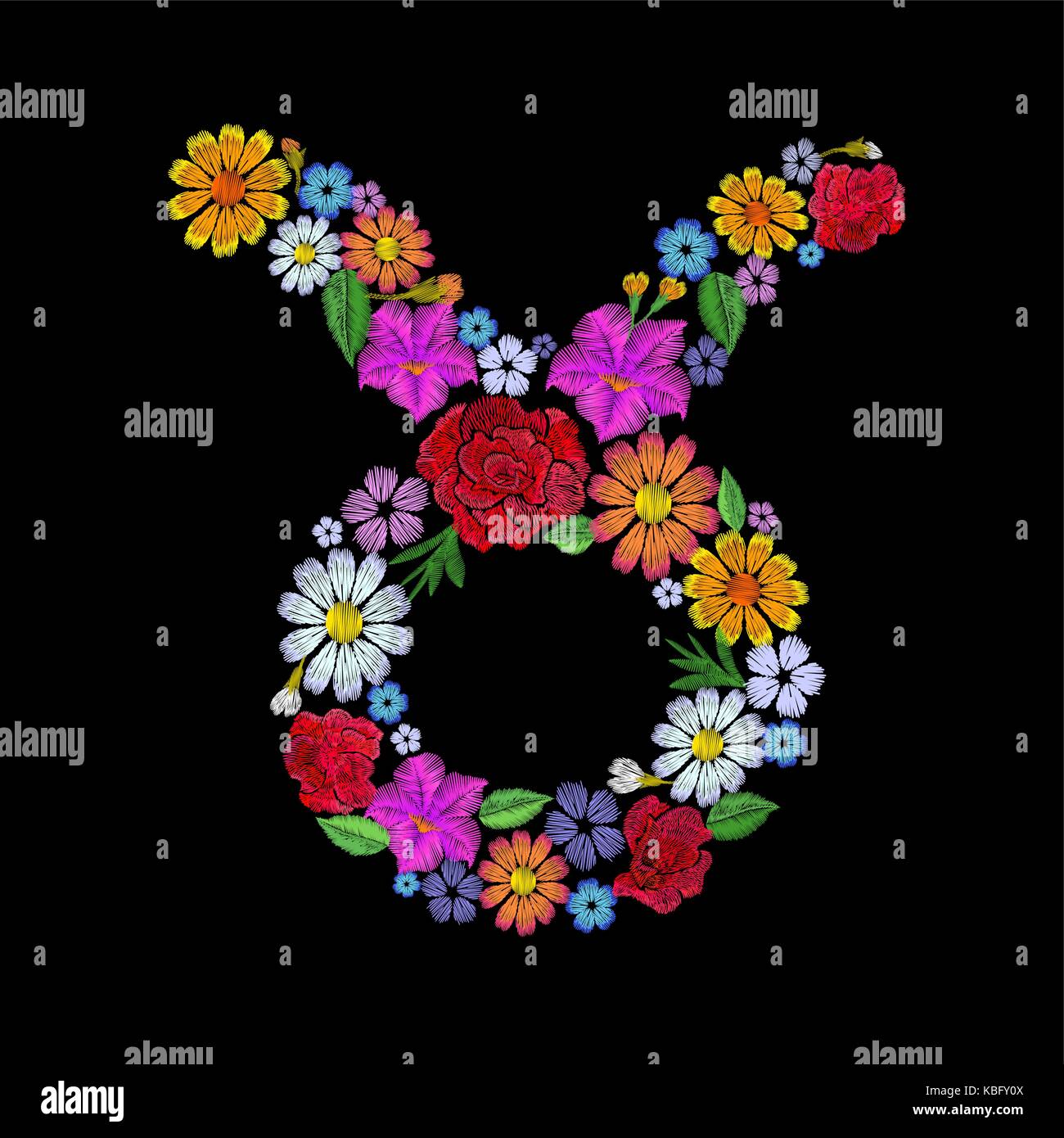 Taurus Mode, floraler Stickerei patch Design vorlage. Textur stitch Wirkung. Textil Druck auf schwarzem Hintergrund Vector Illustration Stock Vektor