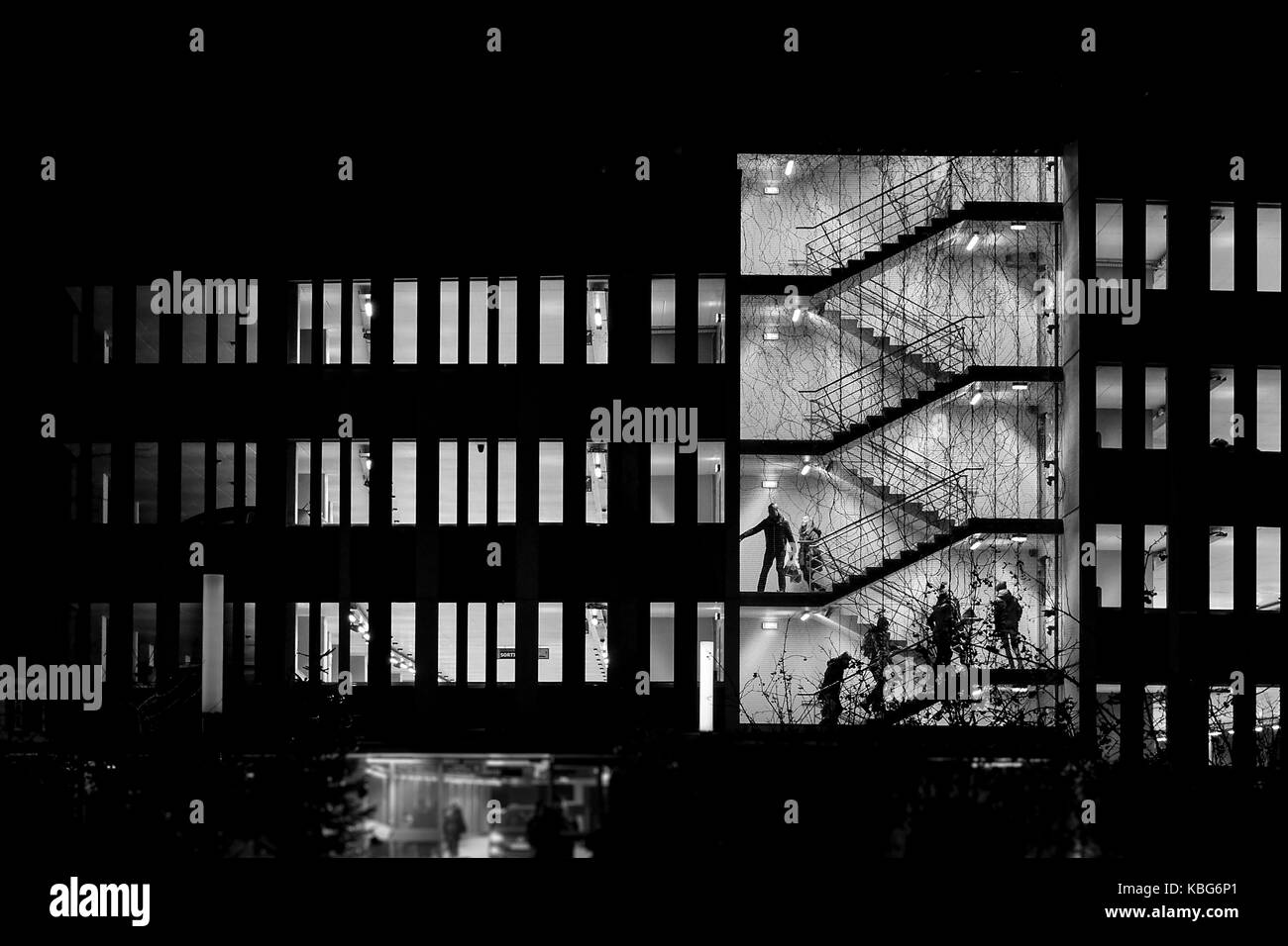 Bild der Parkplatz Gebäude bei Nacht zeigen Silhouetten der Menschen auf und ab gehen die Levels. Türen öffnen, die auf der Suche für ihre Autos. Stockfoto