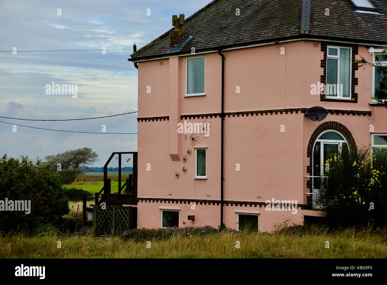 Rosa Haus mit sechs künstliche Spinnen klettern die Wand. Felixstowe Ferry, Suffolk, Großbritannien. Stockfoto