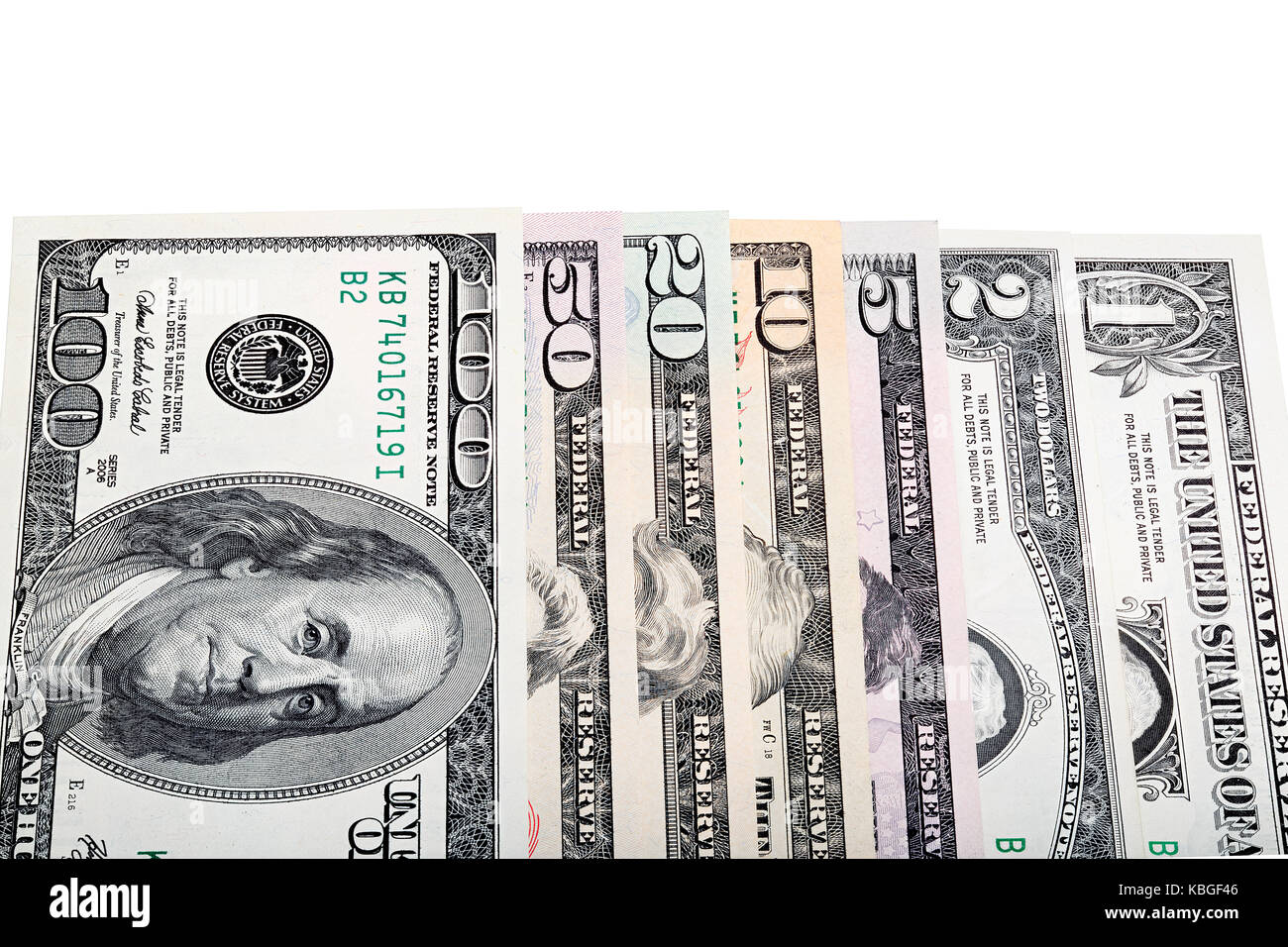 Alle US-Dollar Geld Banknoten isoliert, gestapelt Foto. Stockfoto