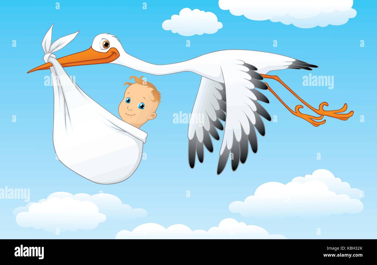 Vektor Karikatur von einem Storch mit Baby im Beutel Vektor Abbildung