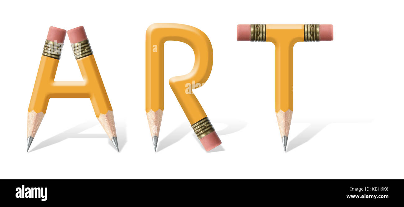 Gelb Holz- Bleistifte Rechtschreibung Kunst Wort auf weißem Hintergrund Stockfoto