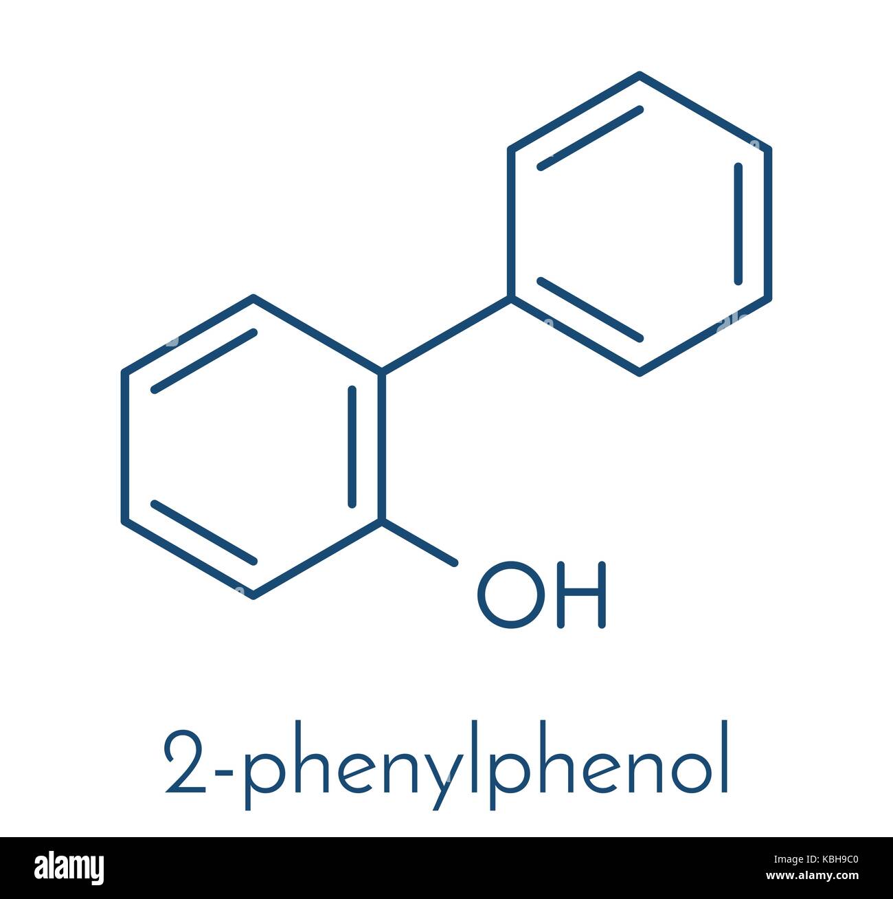 2-phenylphenol Konservierungsmittel Molekül. Biozid verwendet als Lebensmittelzusatzstoff, Konservierungsmittel, und Desinfektionsmittel. Skelettmuskulatur Formel. Stock Vektor