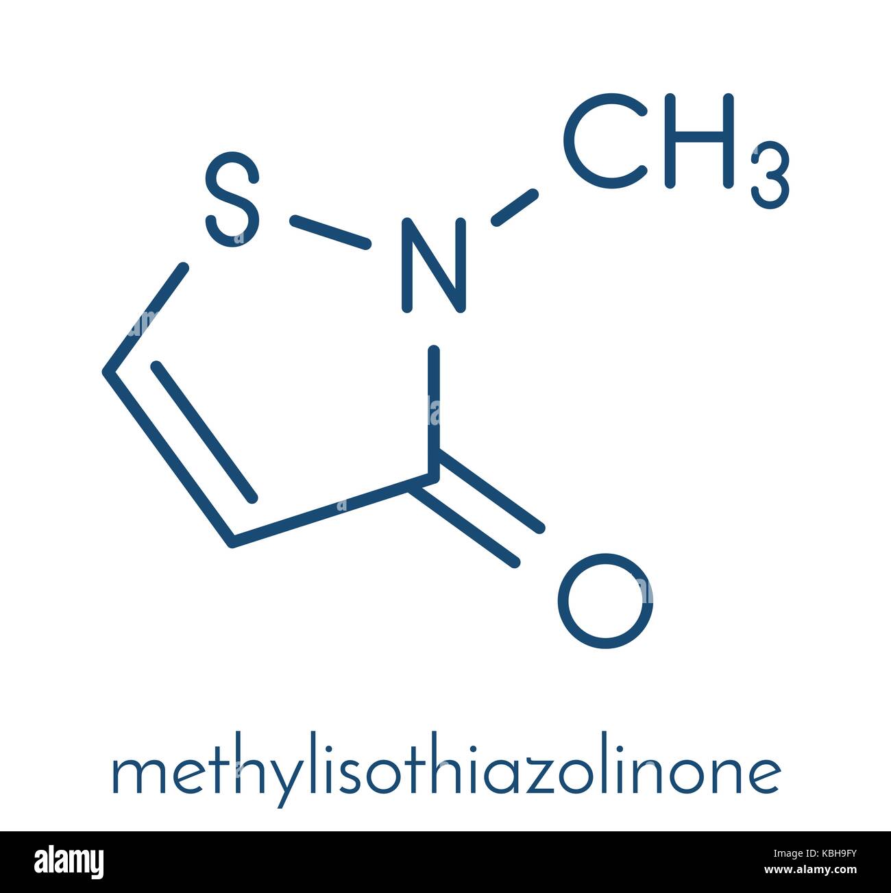 Methylisothiazolinon (MIT, MI) Konservierungsmittel Molekül, chemische Struktur. Oft in Wasser-basierte Produkte, z.b. Kosmetika verwendet. Skelettmuskulatur Formel. Stock Vektor