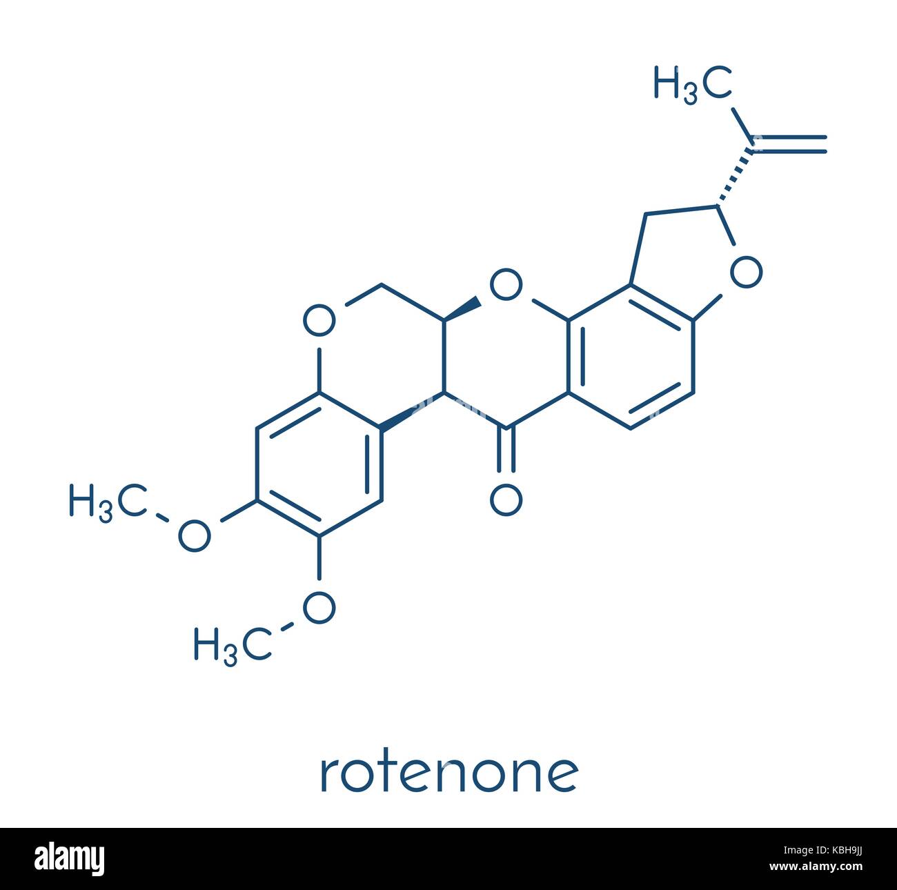 Breites Spektrum Insektizid Rotenon-Molekül. Auch zur Entwicklung der Parkinson'schen Krankheit. Skelettmuskulatur Formel. Stock Vektor
