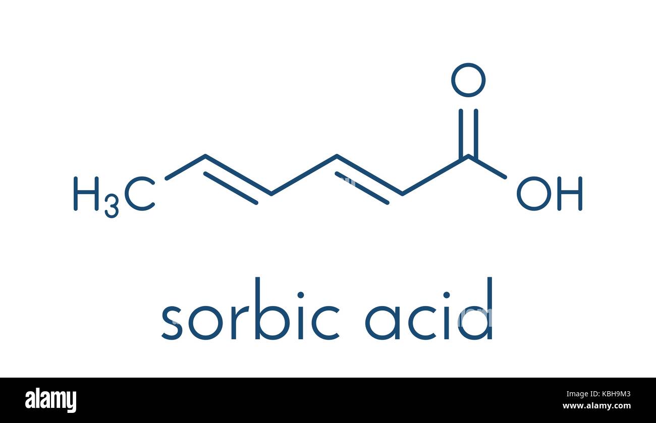 Sorbinsäure Konservierungsmittel Molekül. Sorbate (Natrium, Kalium, Kalzium) auch für den gleichen Zweck verwendet werden. Skelettmuskulatur Formel. Stock Vektor