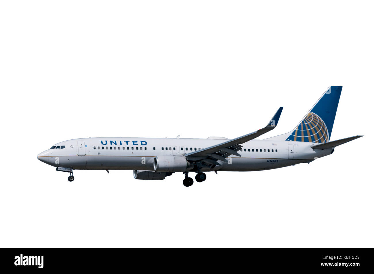 United Airlines 737 Jet Landung am Flughafen LAX Cut-out Stockfoto