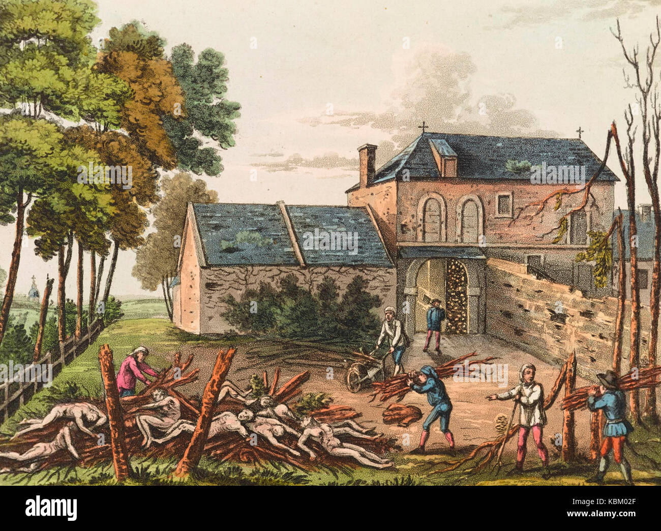 Ein Blick auf das Chateau d'Hogoumont, Handwerker Holz stapeln auf einem Scheiterhaufen der Französischen Toten zu verbrennen, nach der Schlacht von Waterloo. James Rouse, ca. 1818 Stockfoto