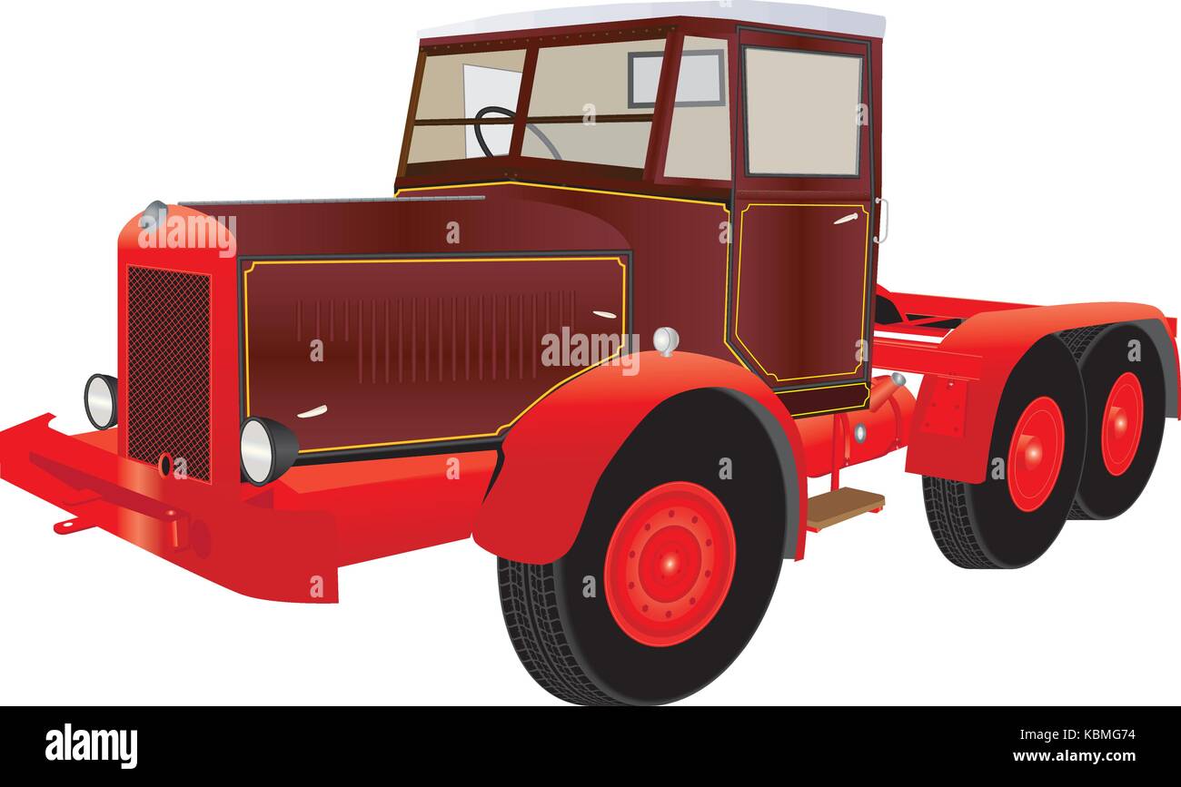 Eine detaillierte Vector Illustration eines Vintage schweren roten und Maroon 6 wheeler Sattelschlepper mit gelbem Futter, isoliert auf weißem Stock Vektor