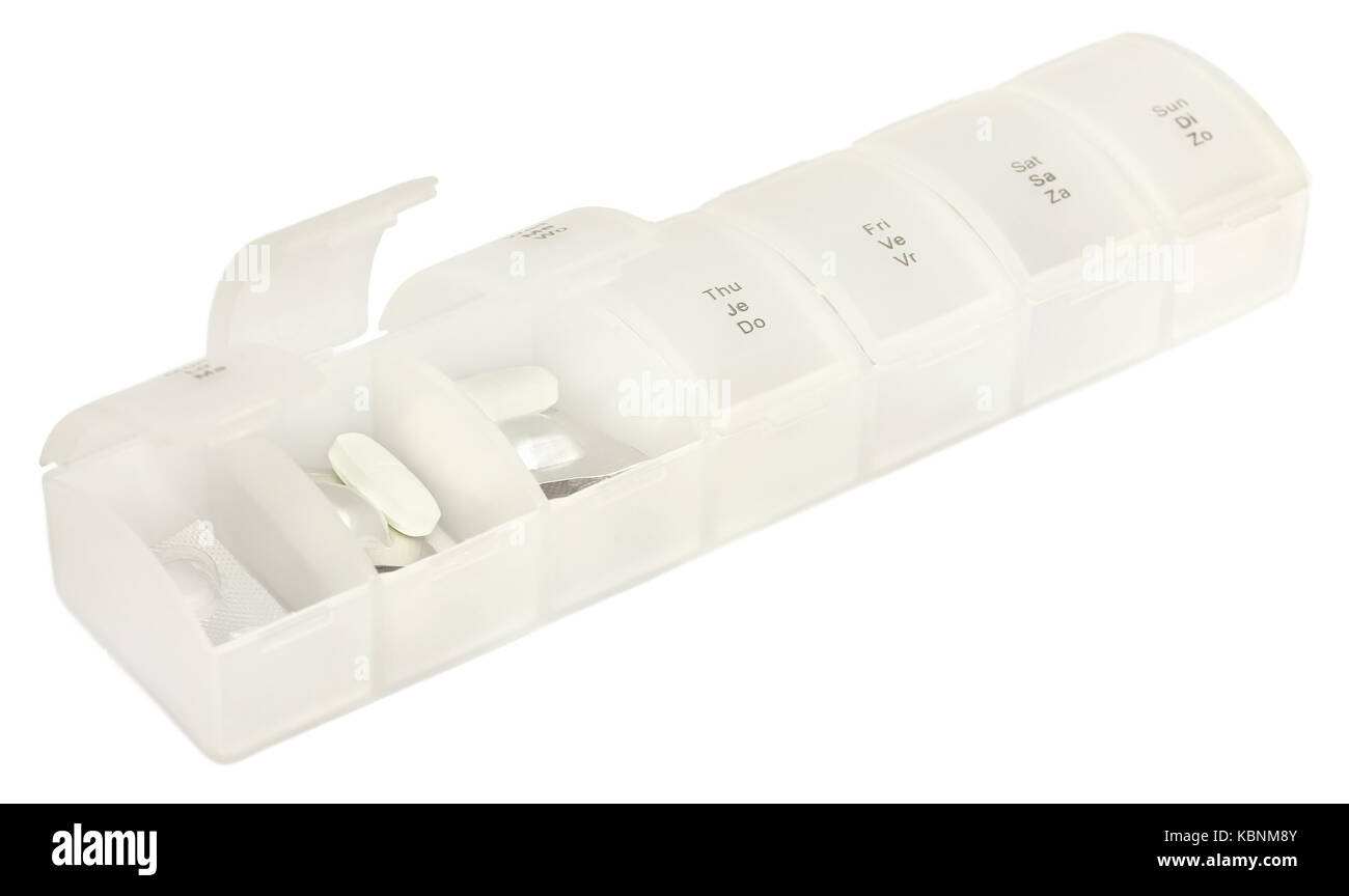 Pille Veranstalter auf weißem Hintergrund Stockfoto