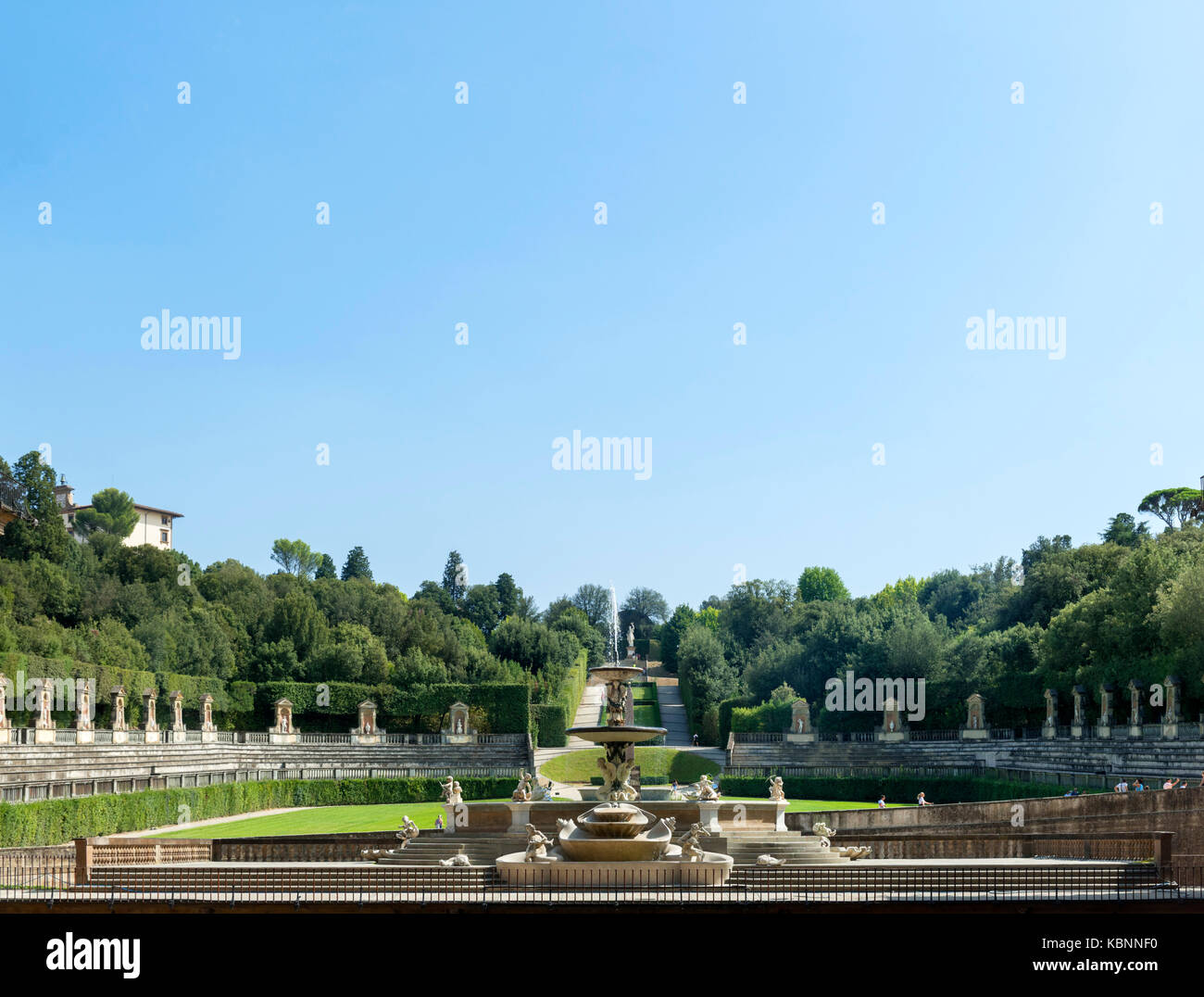 Die Boboli Gärten, Florenz. Der Boboli-garten (Giardino di Boboli) und Fontana del Carciofo gesehen vom Palazzo Pitti (Palazzo Pitti), Florenz, Italien. Stockfoto