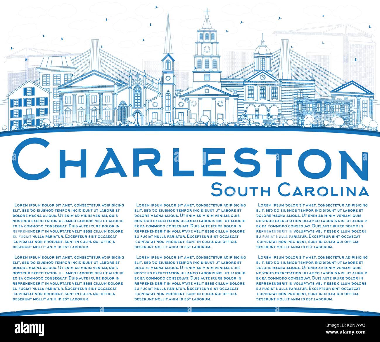 Umrisse Charleston South Carolina Skyline mit blauen Gebäude und Kopieren. Vector Illustration. Business Travel und Tourismus Abbildung Stock Vektor