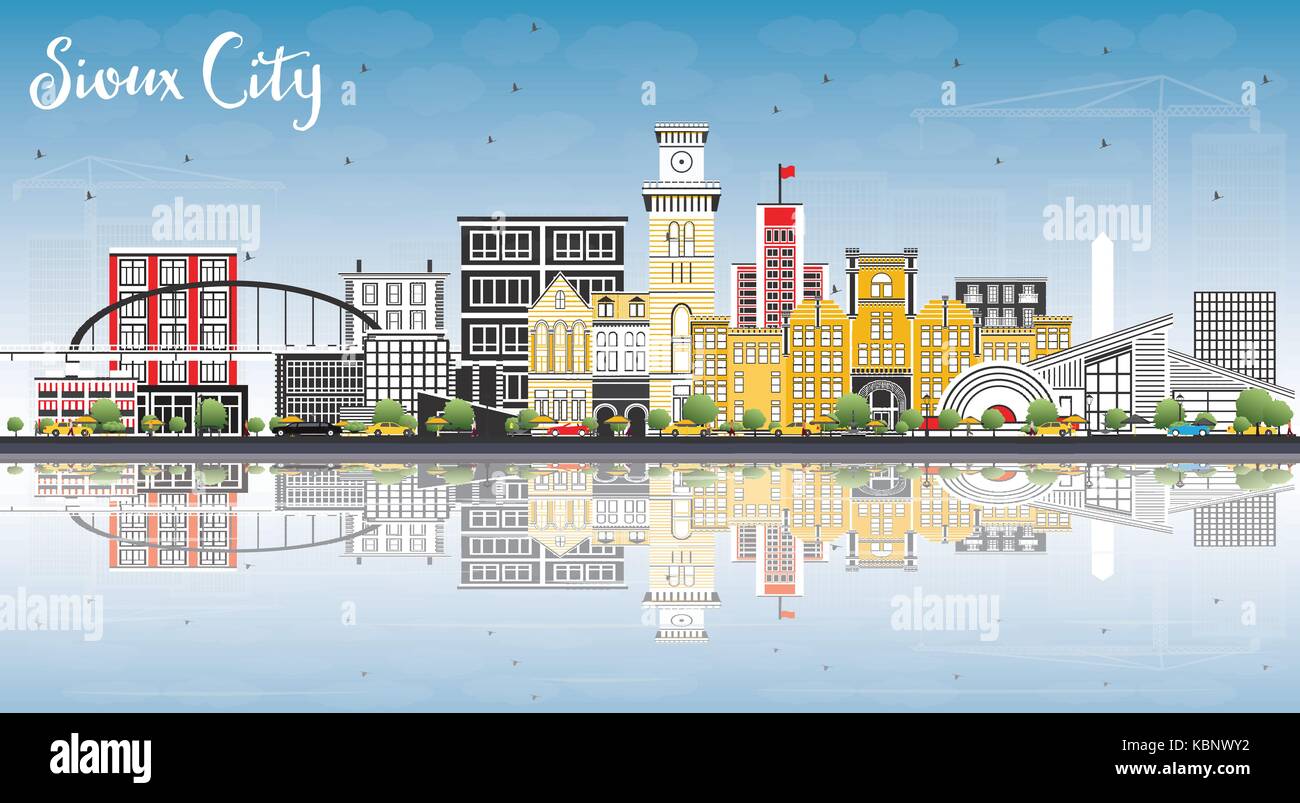 Sioux City Iowa Skyline mit Farbe Gebäude, blauer Himmel und Reflexion. Vector Illustration. Stock Vektor