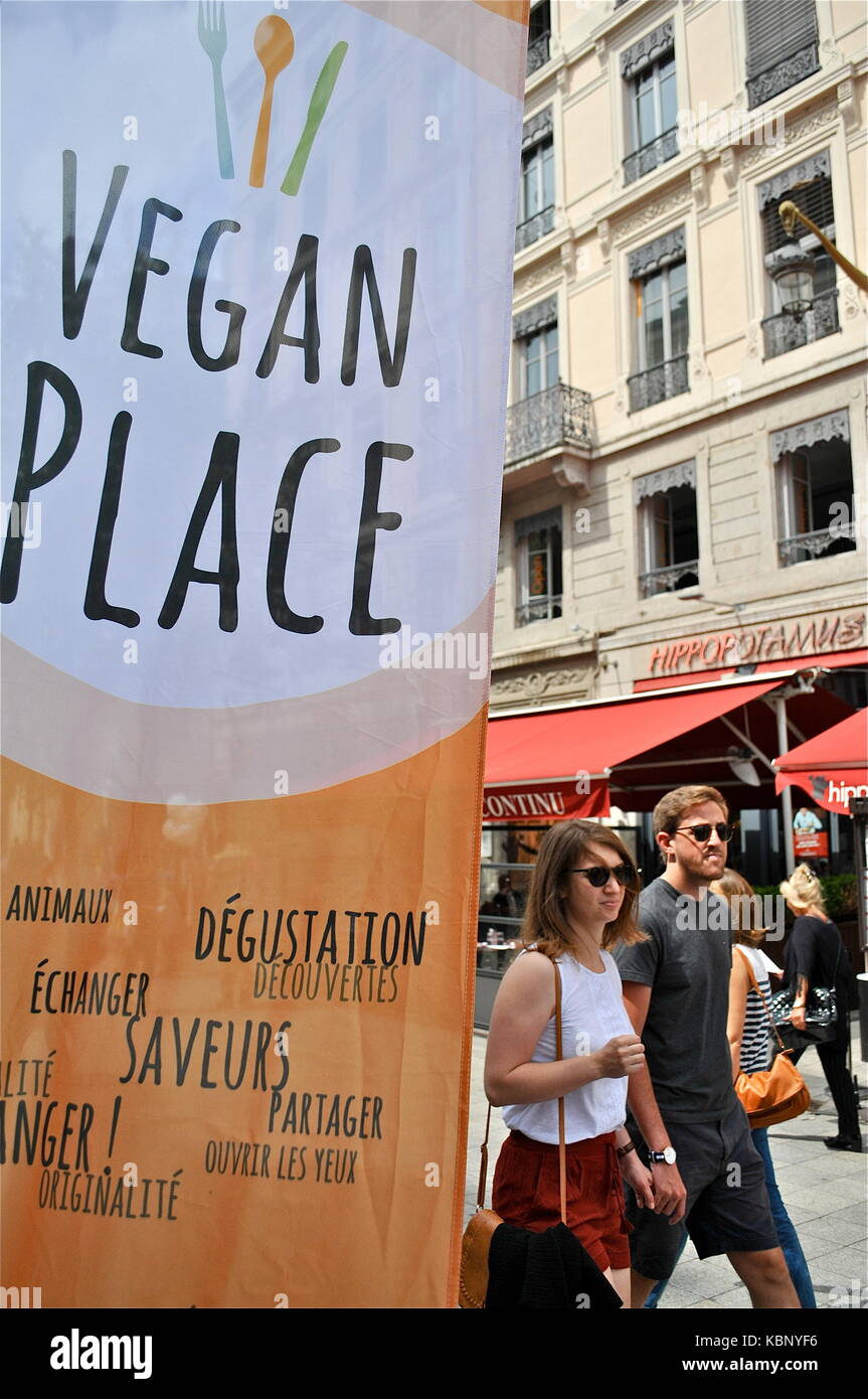 Vegan Ort geschieht in Lyon, Frankreich Stockfoto