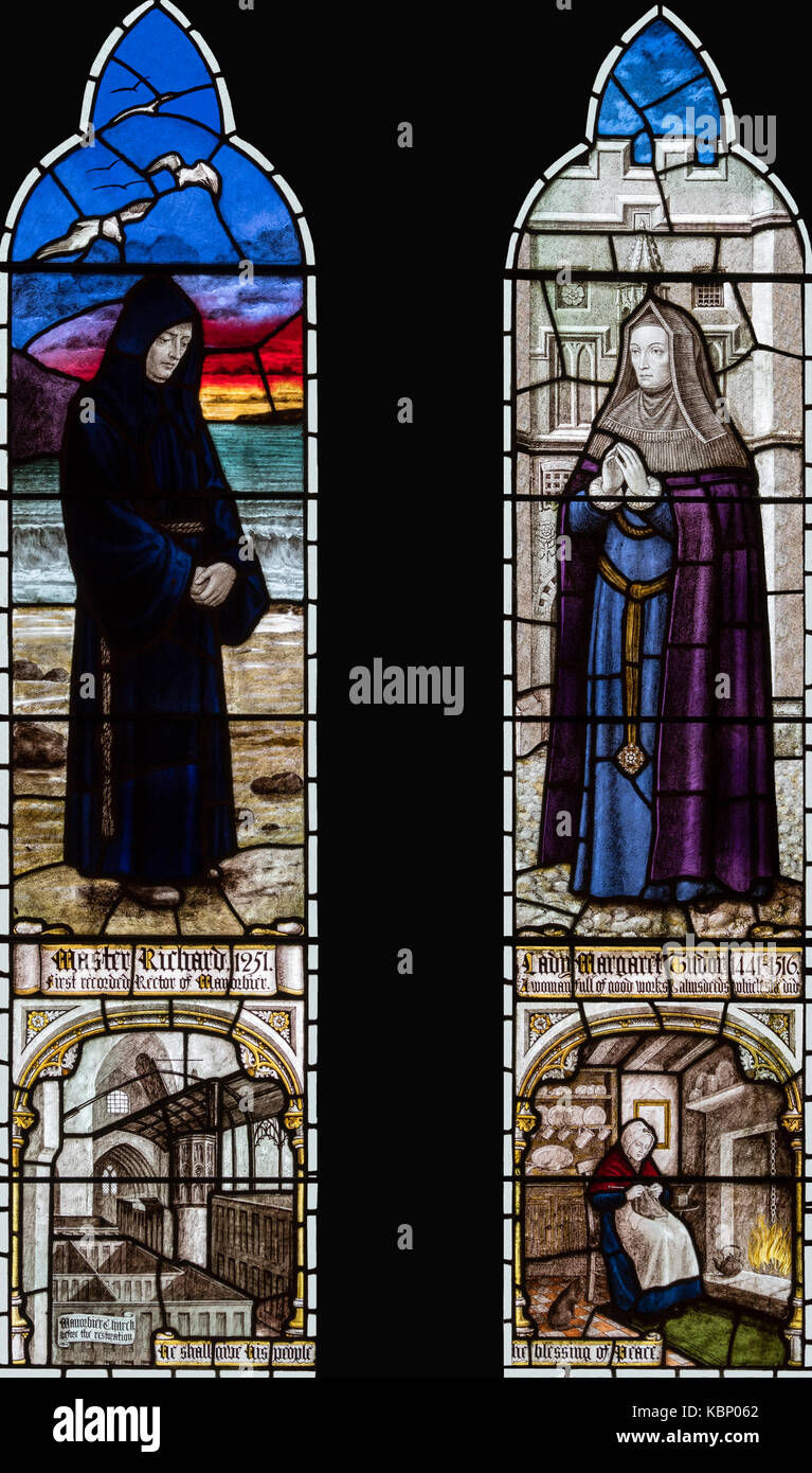 "Implizit" in Master Richard und Lady Margaret Tudor, Kirche St. James, Manorbier, Wales, Vereinigtes Königreich Stockfoto