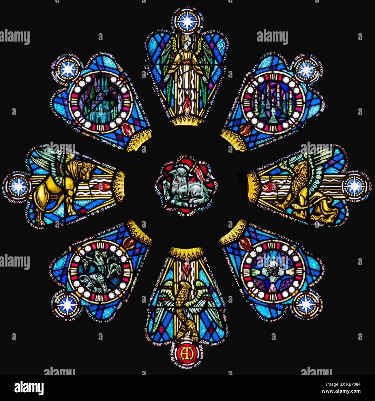 Symbole der Evangelisten, Frederick W. Cole, St. David's Cathedral, Wales, Vereinigtes Königreich Stockfoto