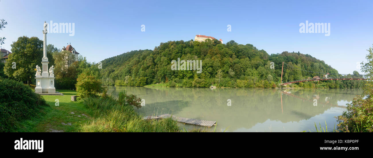 Schloss Neuburg am Inn, Hängebrücke, Mariensäule, Neuburg am Inn, Niederbayern, Oberbayern, Bayern, Bayern, Deutschland Stockfoto