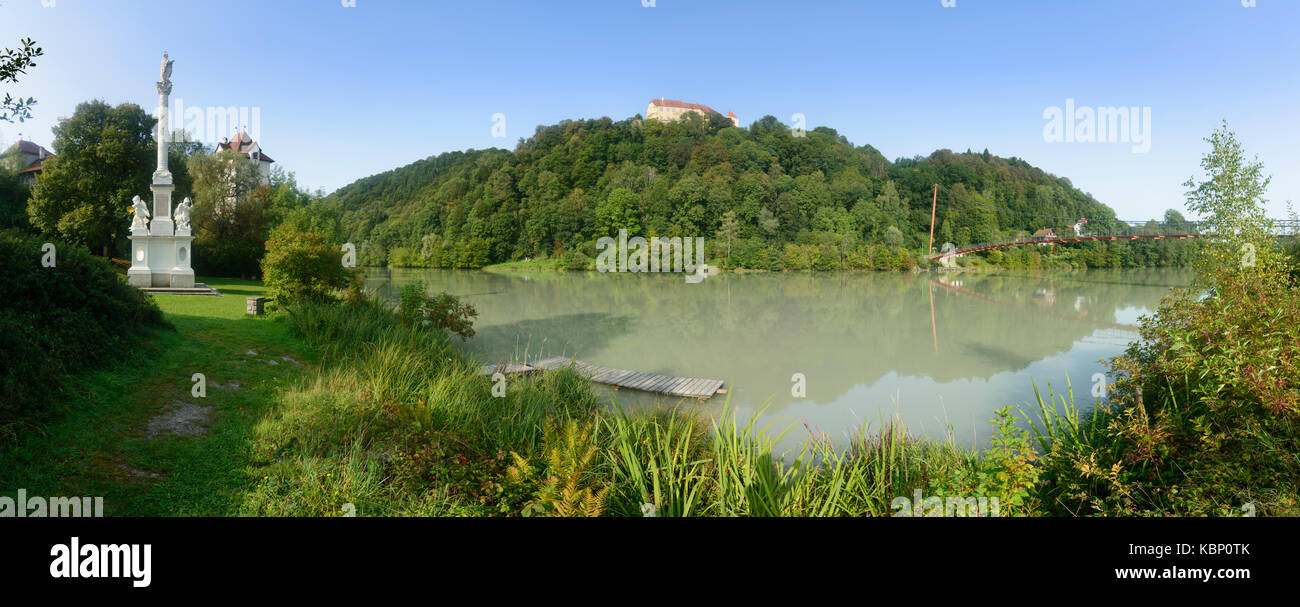 Schloss Neuburg am Inn, Hängebrücke, Mariensäule, Neuburg am Inn, Niederbayern, Oberbayern, Bayern, Bayern, Deutschland Stockfoto