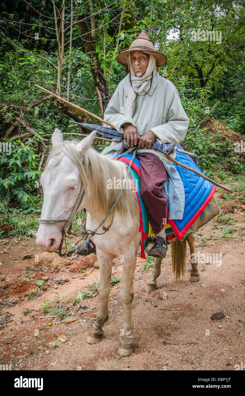 KAMERUN - 26. MÄRZ 2014: Unidentifizierter Fulani-Mann in traditioneller Kleidung mit breitem Hut auf seinem weißen Pferd, Ringstraße, Zentralafrika Stockfoto